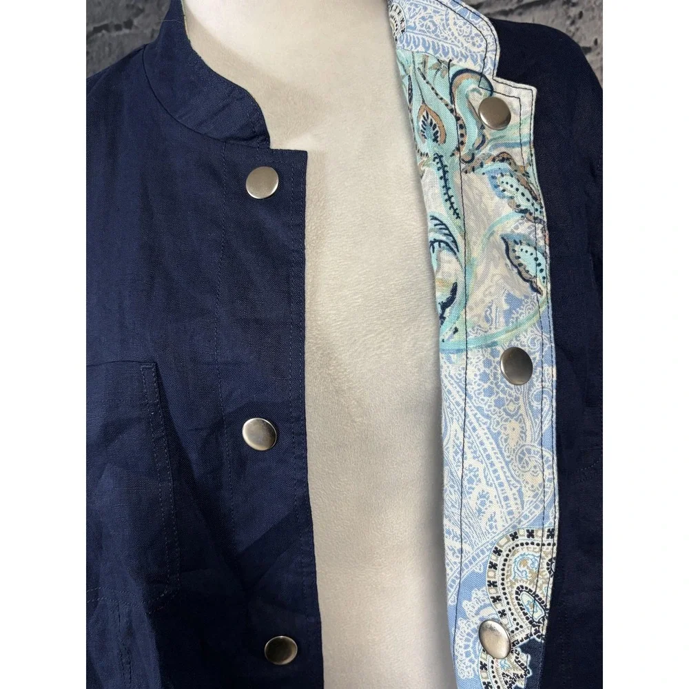 Chico's Jacket Womens 3 16/18 Reversible Linen Navy Paisley Patchwork Snap Front